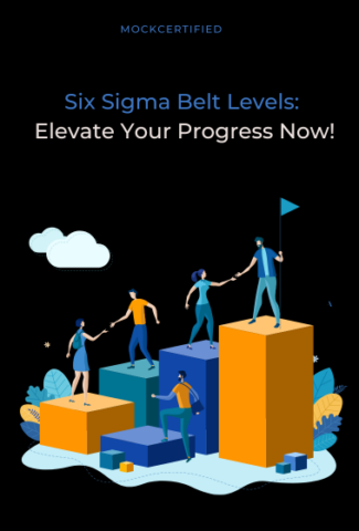 Six Sigma Belt Levels: Elevate Your Progress Now shows a man progressing on different bars in black background