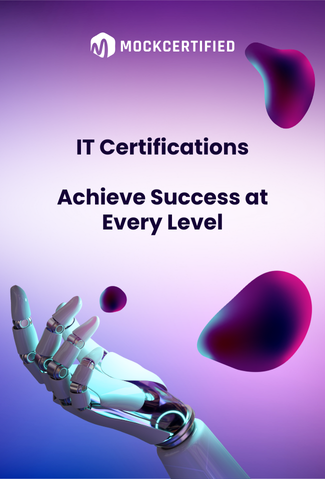 it certifications: achieve success at every level written on a purplish background with a robot hand on the right side as element