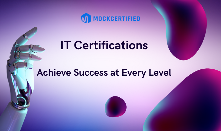 it certifications: achieve success at every level written on a purplish background with a robot hand on the right side as element