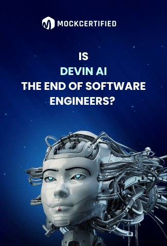 Is Devin AI Bane or Boon Of Software Engineers? written above a dark blue background with a 3d robot face close up to the bottom