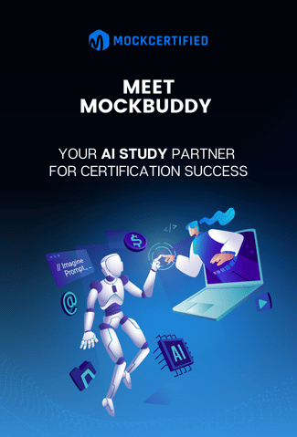 Meet Mockbuddy: Your AI Study Partner For Certification Success written on a blue black background with an ai and human reaching out from a laptop picture on the right