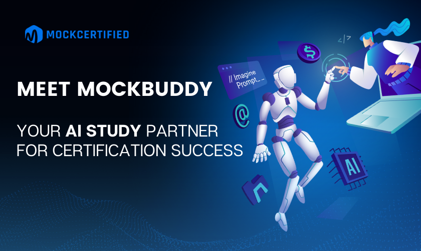 Meet Mockbuddy: Your AI Study Partner For Certification Success written on a blue black background with an ai and human reaching out from a laptop picture on the right