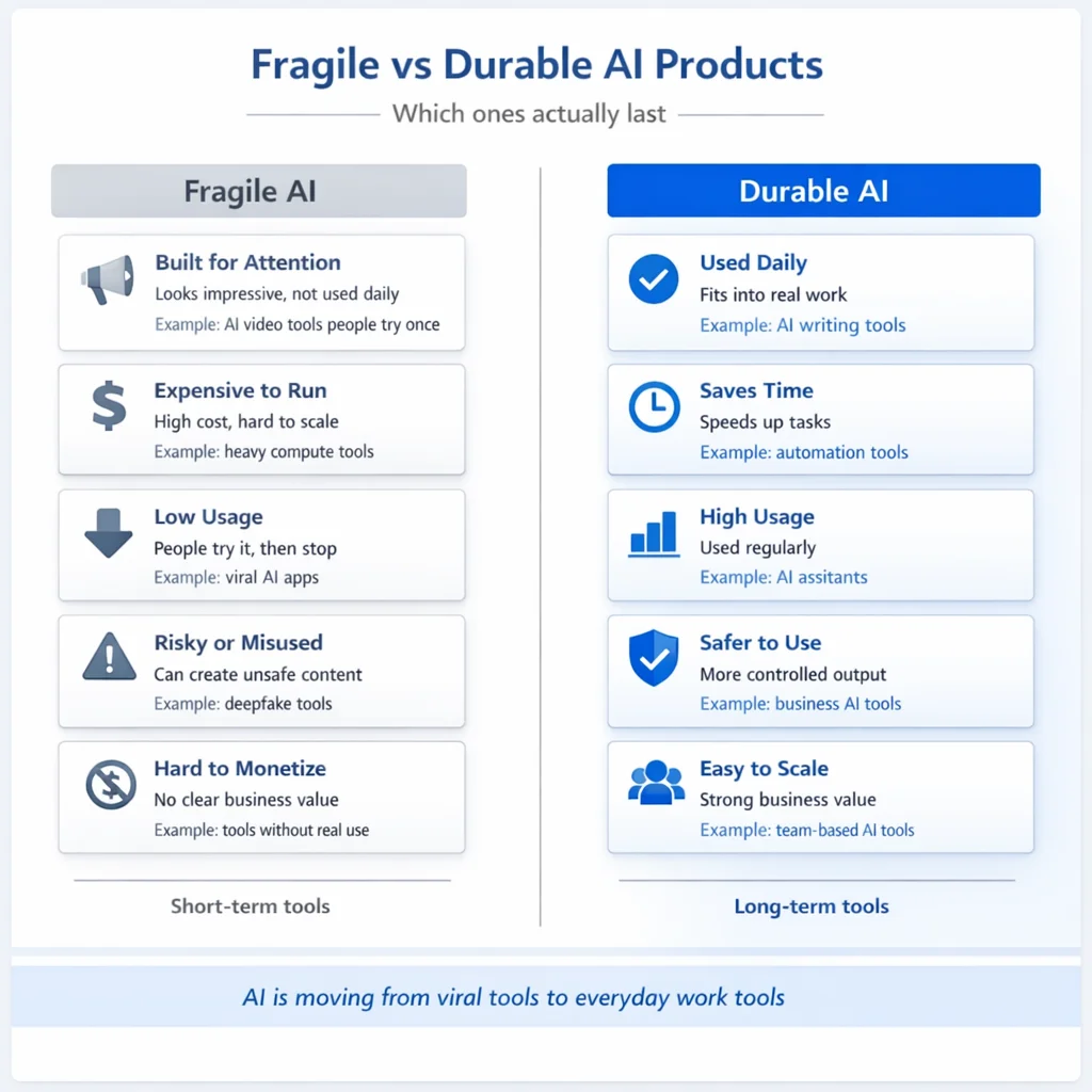 Fragile vs Durable AI Products infographic comparing short-term AI tools with long-term AI tools