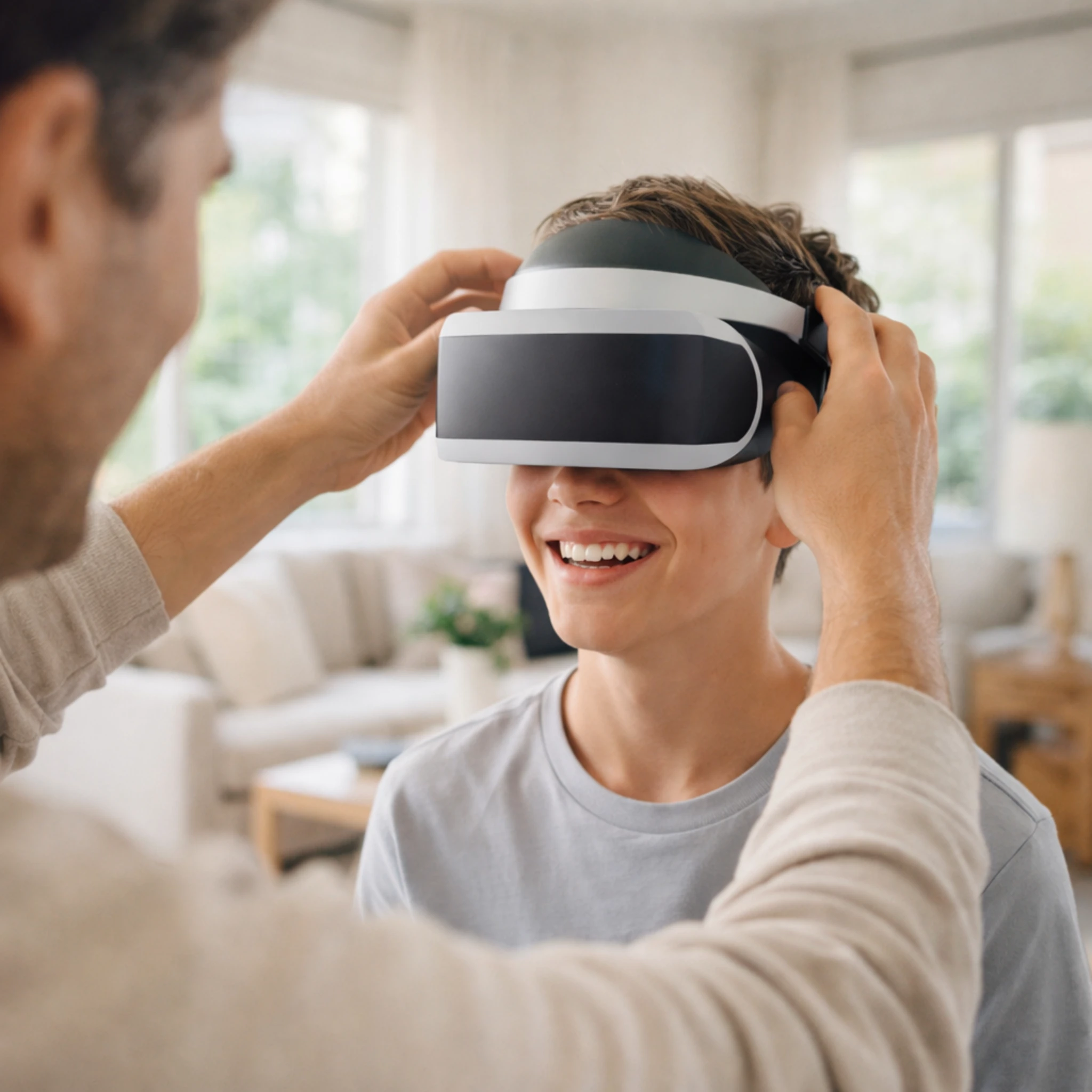 A parent adjusting a VR headset on a smiling teenager in a bright modern living room