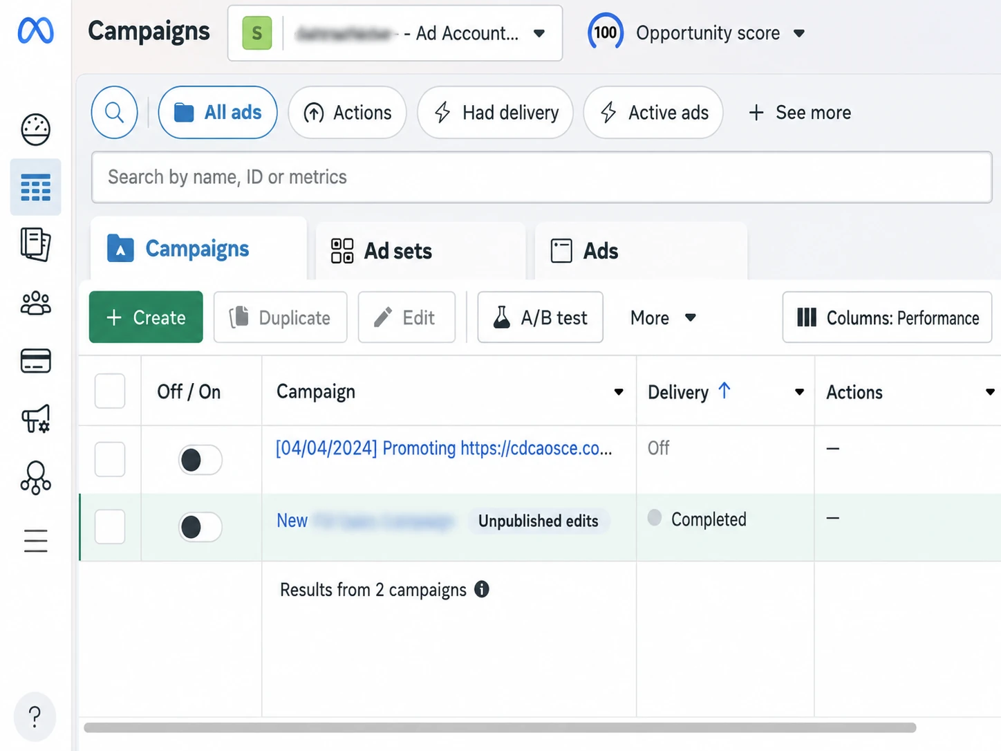 Meta Ads Manager Campaigns screen showing Campaigns Ad sets Ads Create A B test delivery and status controls