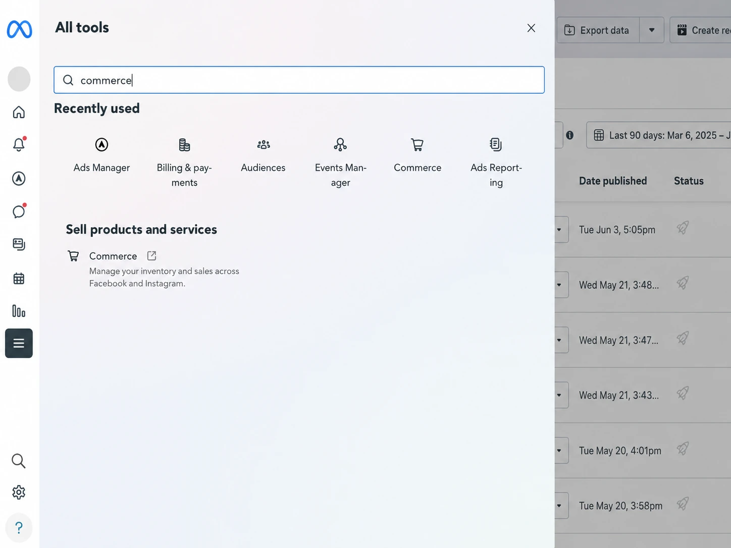Meta Business Suite All Tools screen showing Commerce search and Commerce Manager