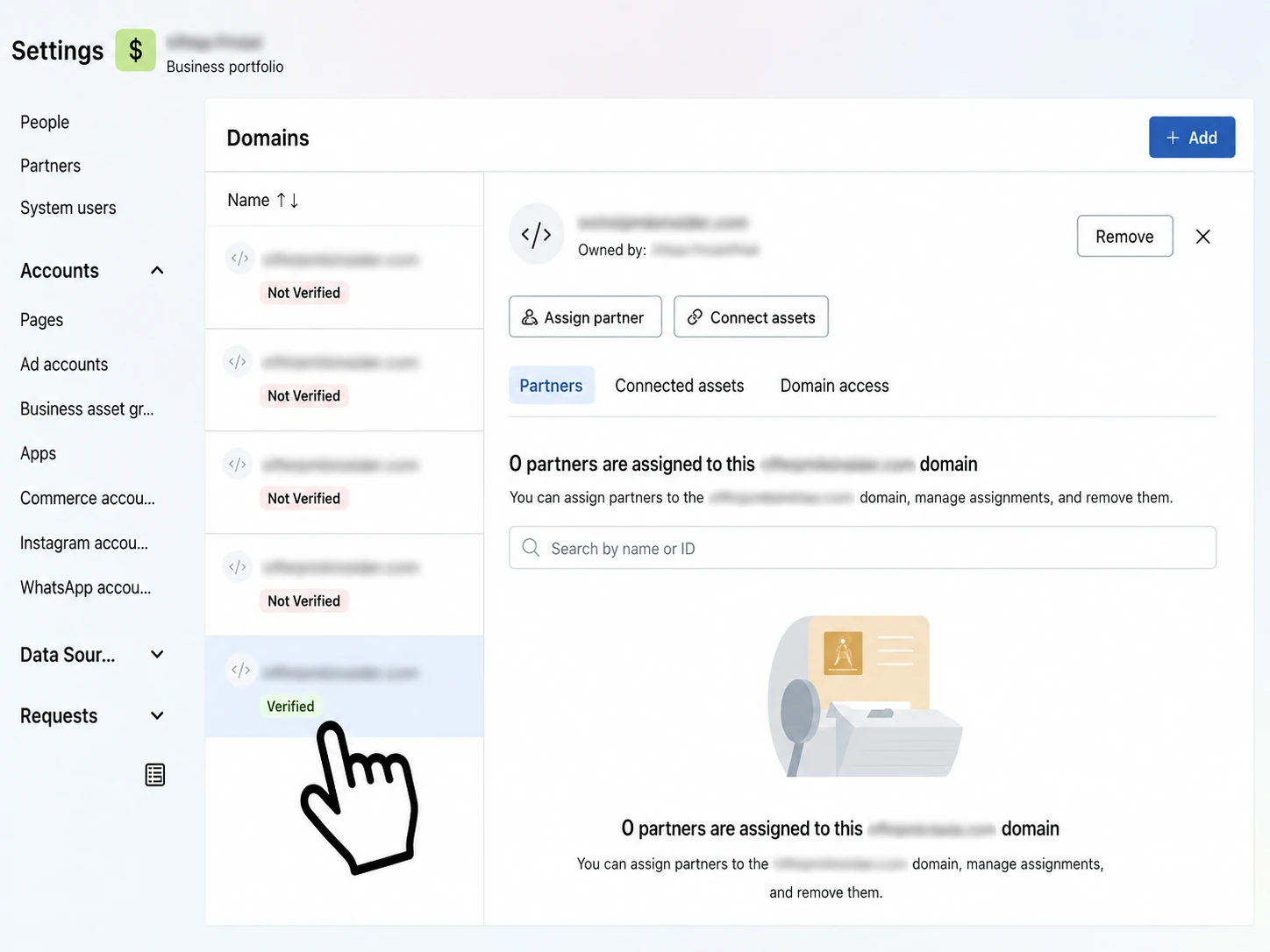 Meta Business Settings Domains screen showing verified and unverified domains