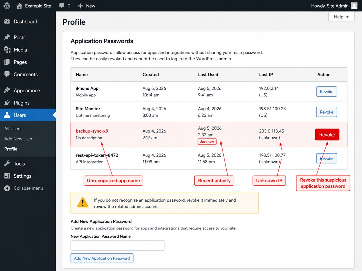 Suspicious WordPress application password showing an unrecognized app name, recent activity, unknown IP address, and Revoke button