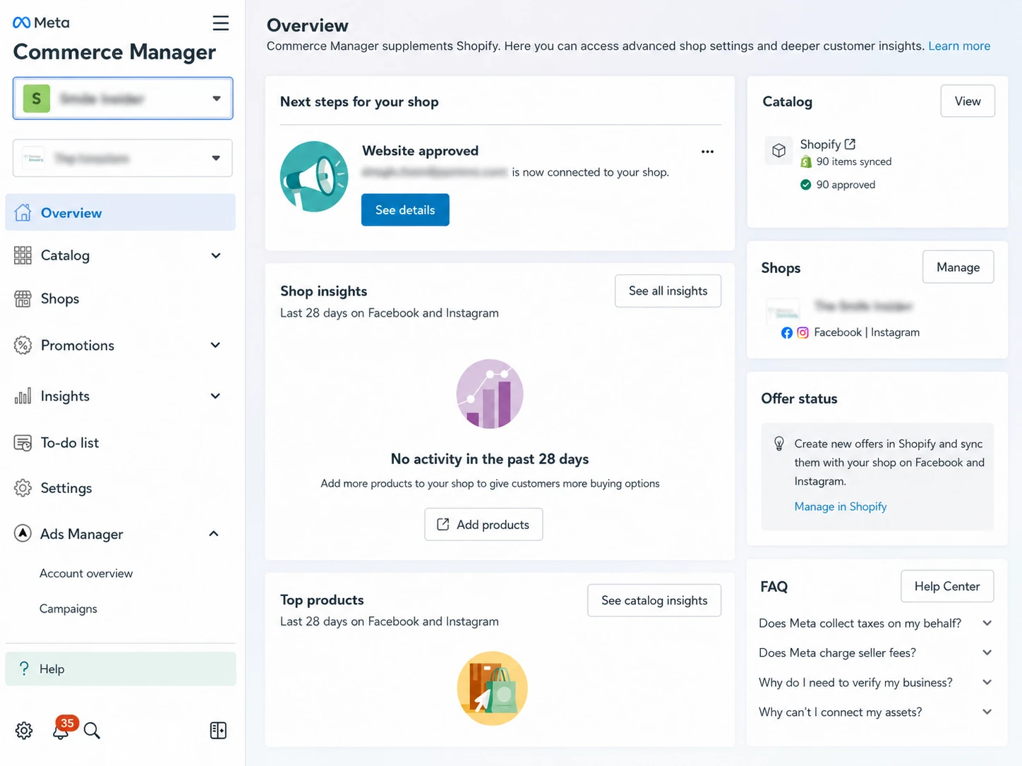 Meta Commerce Manager overview showing a Shopify catalog with synced and approved items