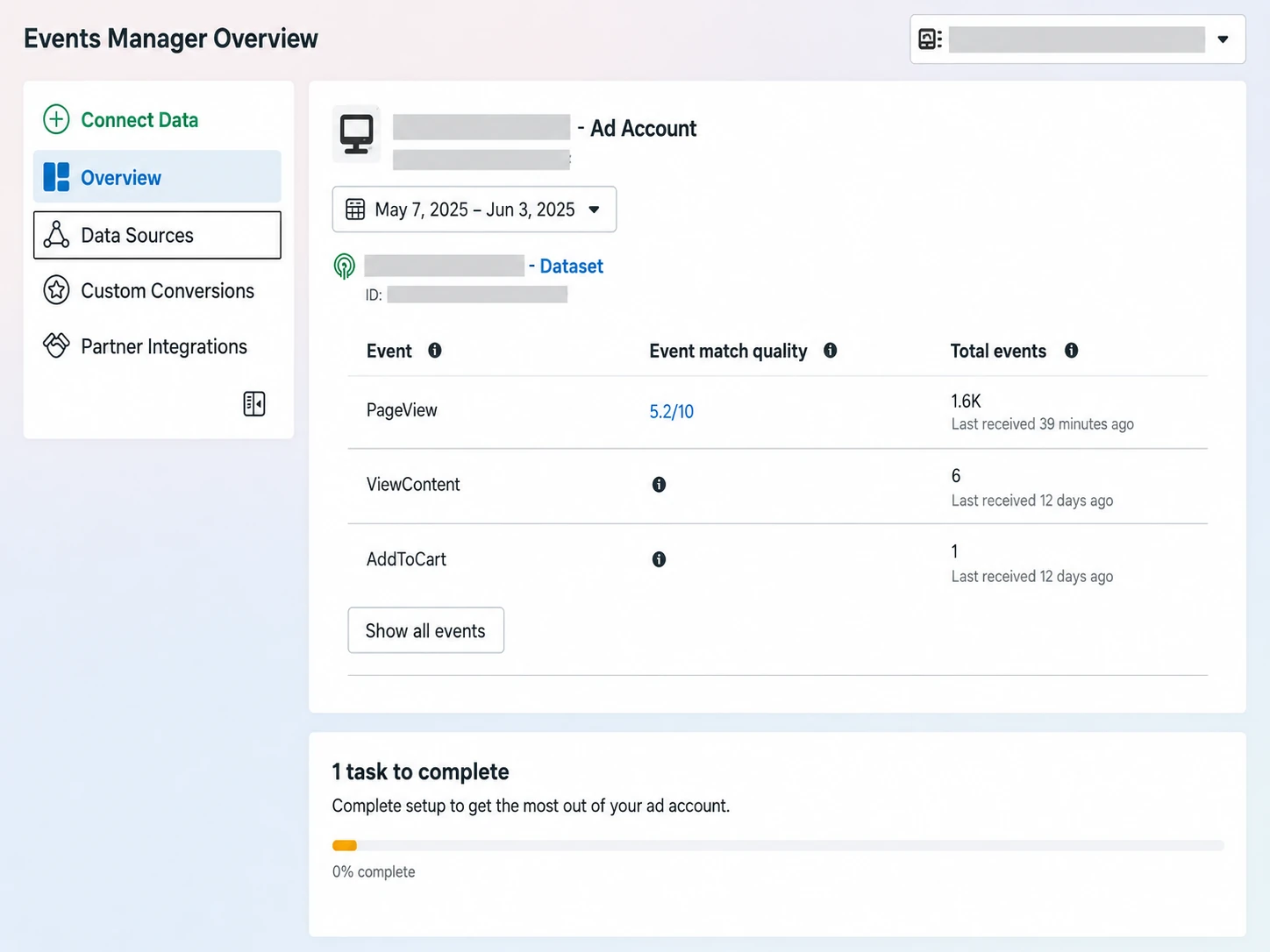 Meta Events Manager data source showing PageView ViewContent AddToCart total events and event match quality
