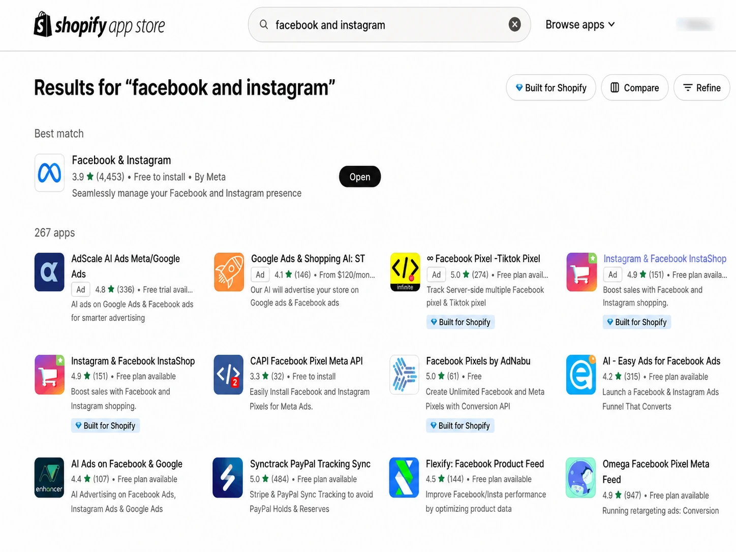 Shopify App Store search showing Facebook and Instagram by Meta as the best match